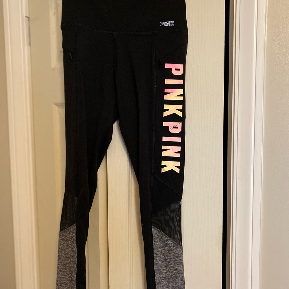 Black Leggings with Pink Logo and Gray Accents